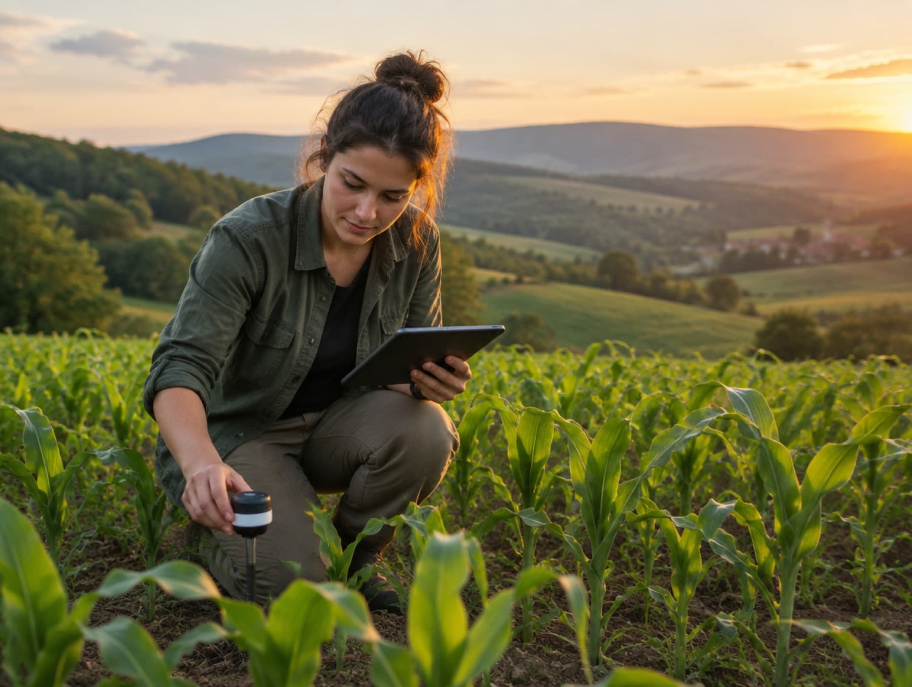 Fondatoare agritech verifică un senzor de sol într-un lan