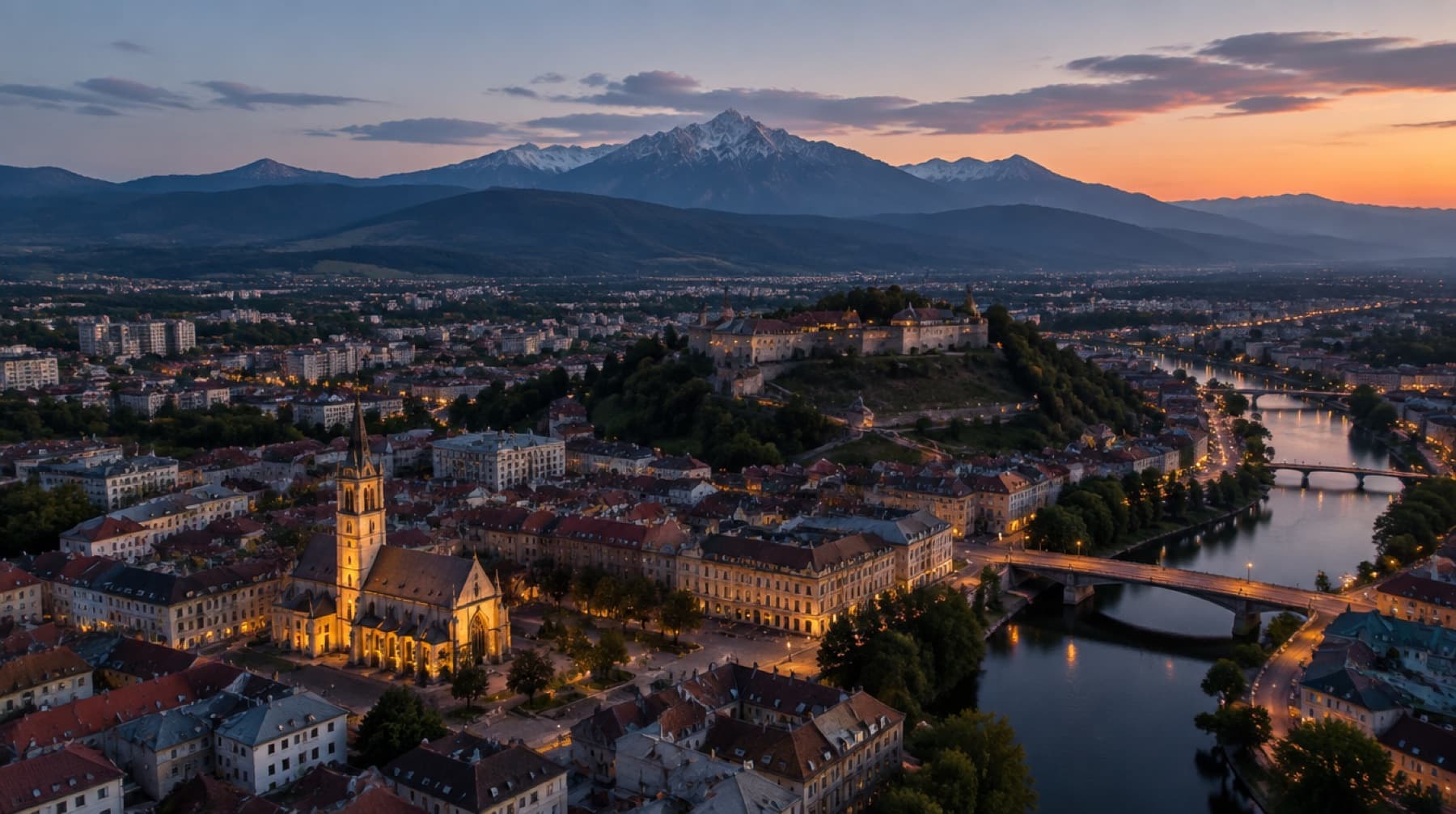 Vedere aeriană a unui oraș din România la apus, cu munții în fundal